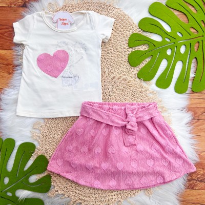 Conj. Blusa Be Always e Short Saia Corações - Off White e Rosa 